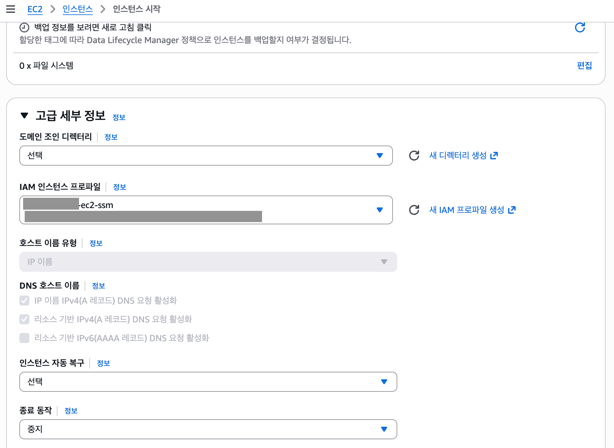 IAM 프로파일 선택 IAM 프로파일 선택